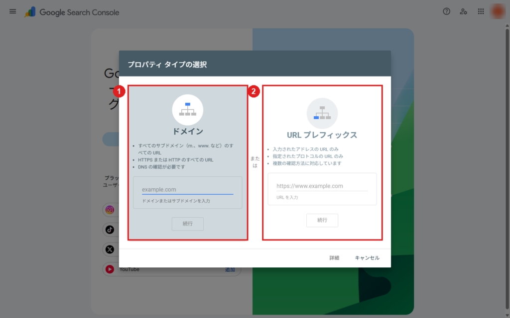 プロパティタイプの選択画面。左がドメイン、右がURLプレフィックス