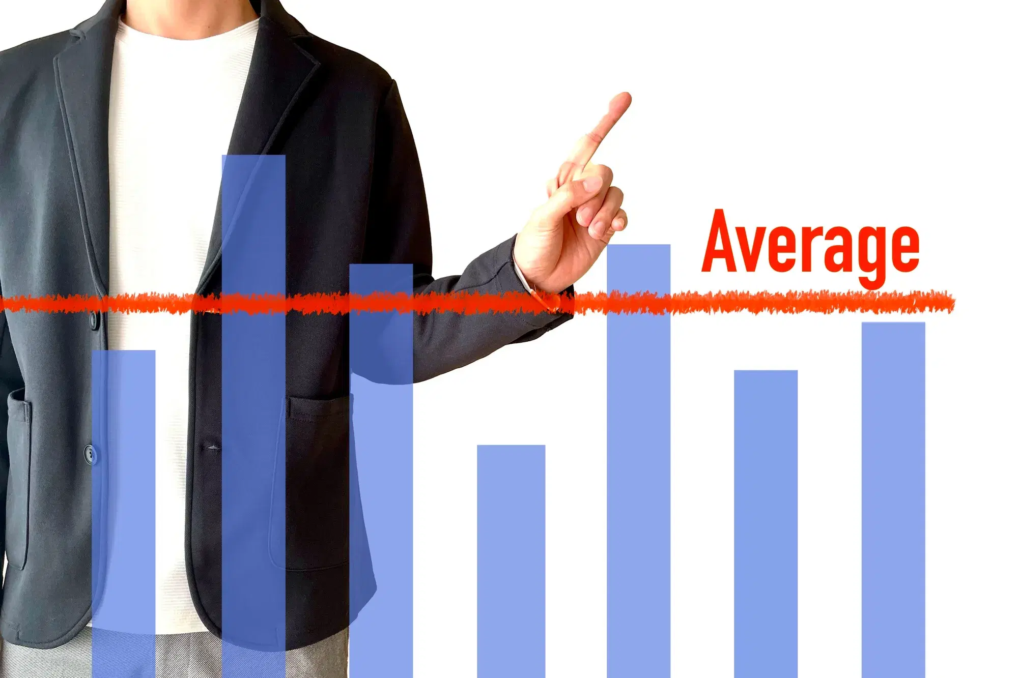 黒いジャケットと白い服を着た男性が、グラフの「Average」と書かれた赤い線を指さしている。