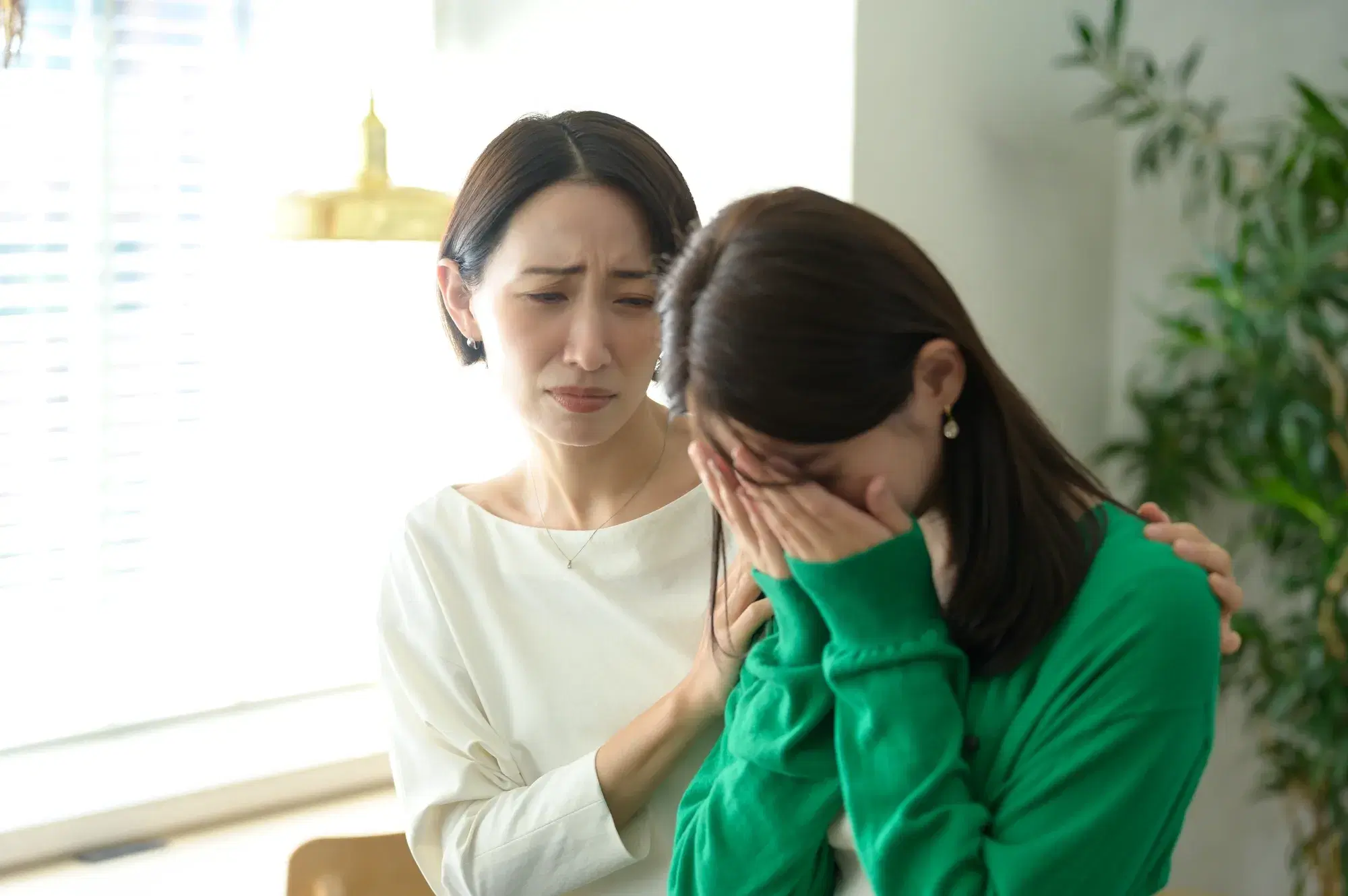 泣いている緑色の服を着た女性が白い服を着た女性に慰められている