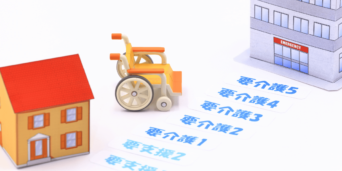 各要介護の紙が病院まで並んでいる、横に家と車椅子も置いてある