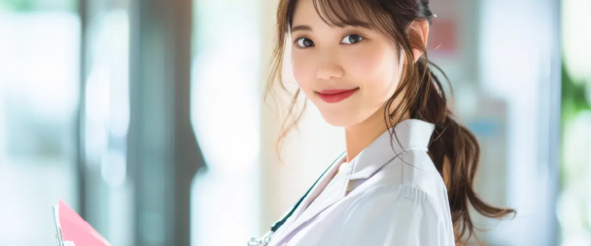 笑顔を向ける病院職員の女性