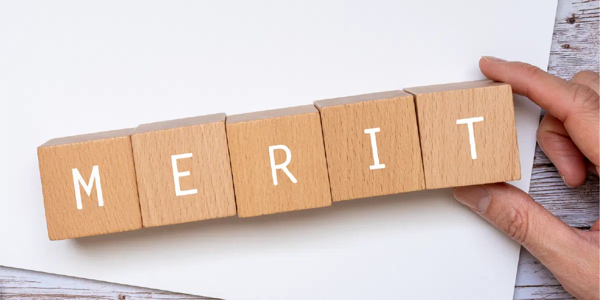 merit(メリット)と書かれた木の立方体が五つ並んでいる