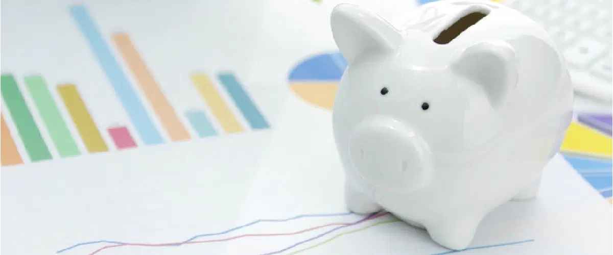 白い豚の貯金箱と後ろの紙にグラフの図