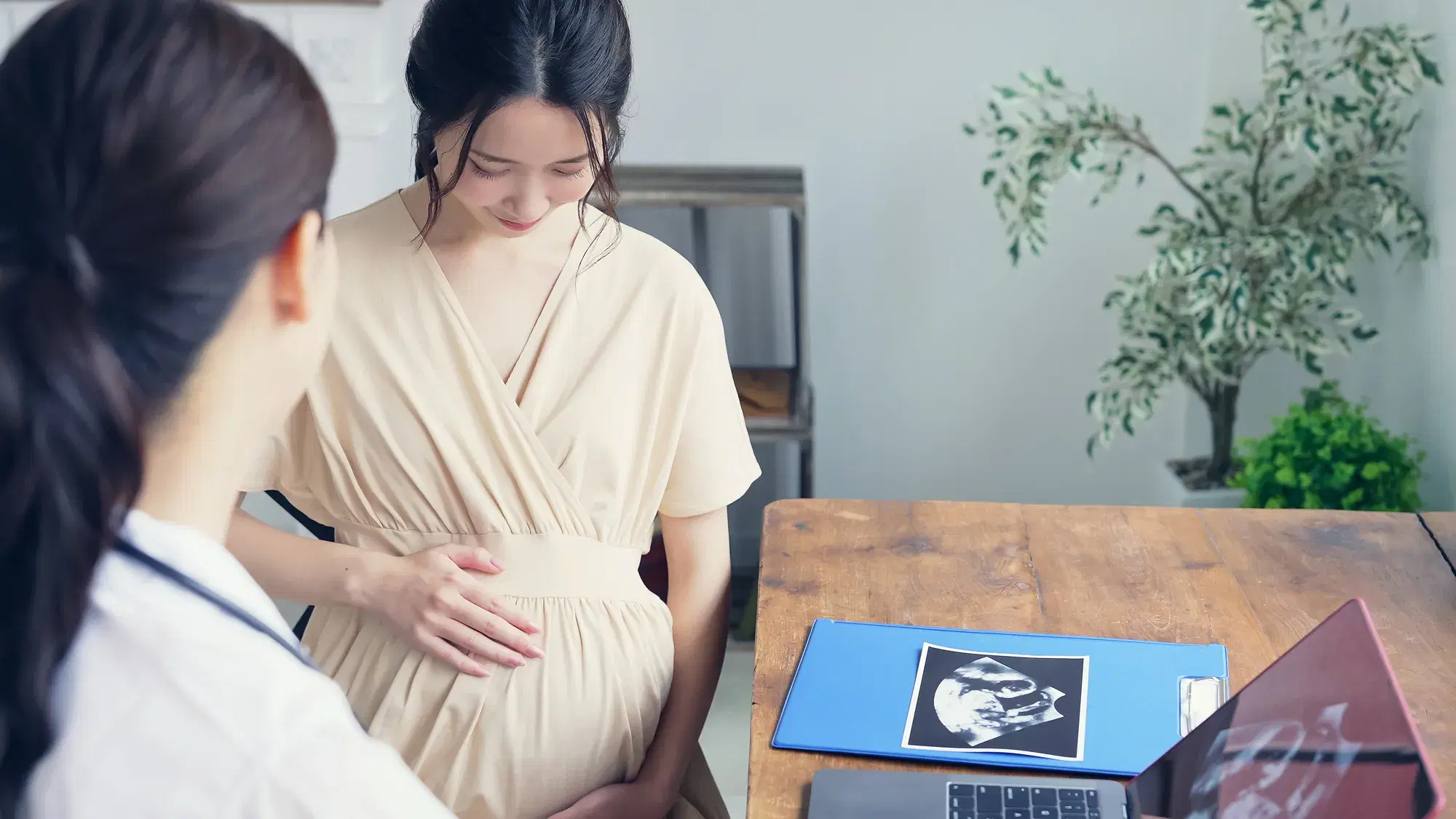 産婦人科看護師がベージュの服を着た妊婦と対話しており、妊婦はお腹をさすっている